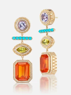 Fire Opal - Tanzanite - Canary Tourmaline - Turquoise - Diamond Drop Earrings