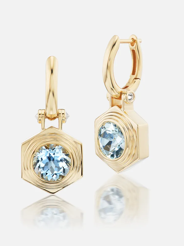 Hexed Aquamarine Drop Huggies