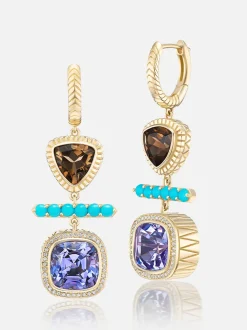 Totem Huggie Earrings Smokey Quartz Turquoise Tanzanite